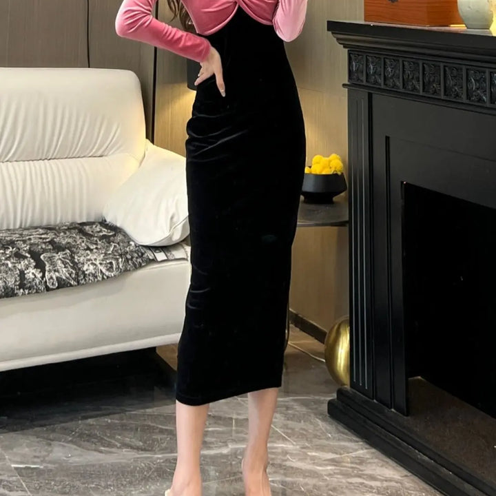 Temperament Deep V Neck Midi Dress Spring Autumn New Long Sleeve Contrast Slim Ladies Dresses Elegant Fashion Women Clothing