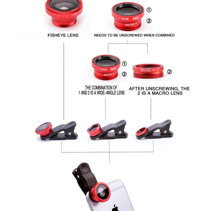 3-in-1 Fisheye Wide Angle Micro Camera Lens for iPhone Xiaomi Redmi 3IN1 Zoom Fish Eye Len on Smartphone Lenses with Phone Clip