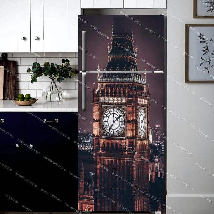 INS Red Umbrella Big Ben Fridge Door Wrap Mural Waterproof PVC Refrigerator Door Art Poster Wallpaper Removable Fridge Decal