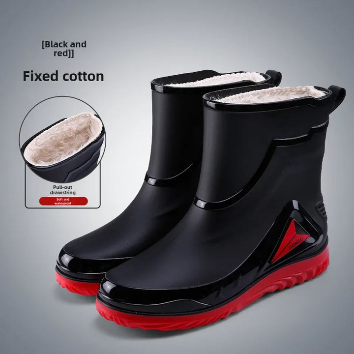 Waterproof Men's Rain Shoes Outdoor Non-slip Work Shoes Fleece Lined Cotton Warm Rain Boots Kitchen Footwear Male