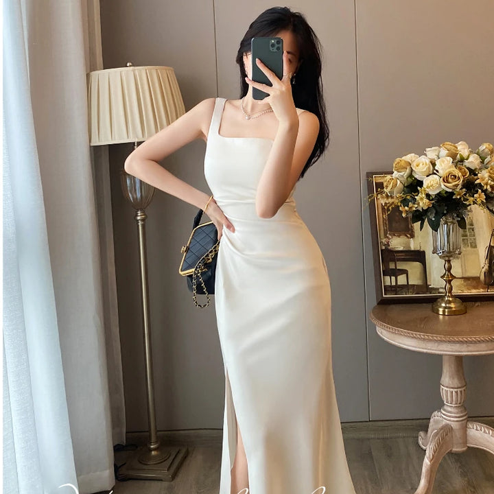 White Satin Sling Long Dress Women 2024 Summer French Elegant Square Collar High Waist Slim Fit Sexy Split Bodycon Evening Dress