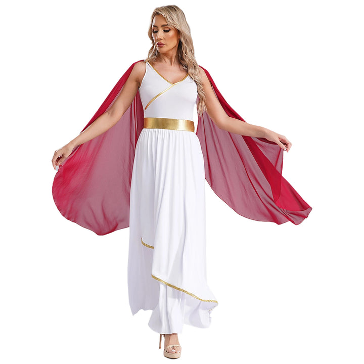 Womens Ancient Greek Toga Goddesses Costumes Party Halloween V Neck Sleeveless Gold Trims Toga Greece Roman Queen Cosplay Dress