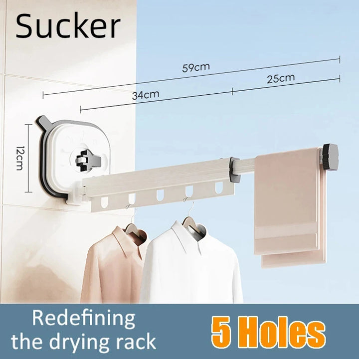 Suction/Drill Wall Mount Folding Clothes Drying Rack With Retractable Suction Cup Extension Pole Reusable 3-Fold Clothes Rack