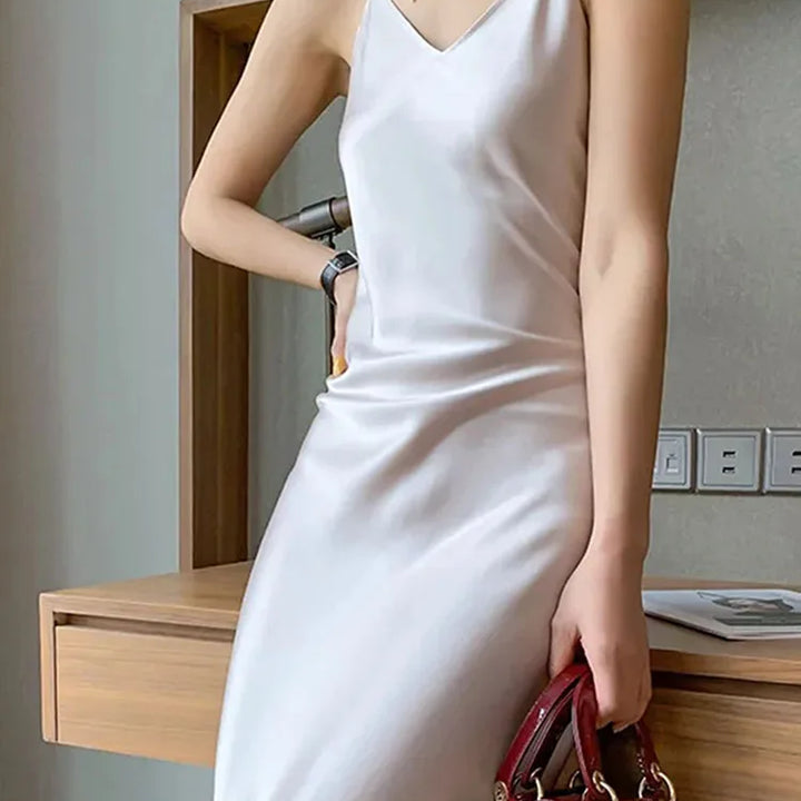 2022 Elegant Women Dress Summer Sexy V-Neck Korean Satin Party Long Spaghetti Strap Dresses Casual Sundress Vestido Mujer