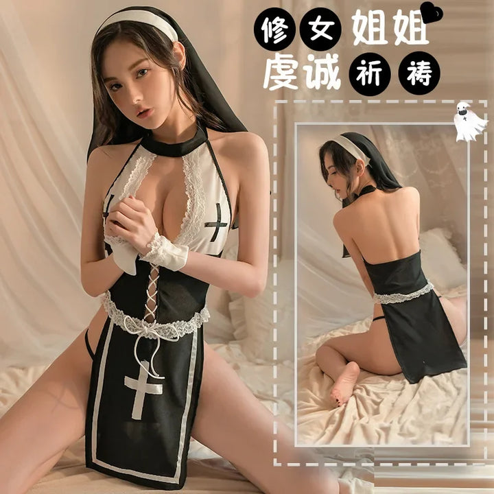 Sexy Nun Uniform Halloween Cosplay Costume Rolellay Theme Party Ouutfits High Split Dress with Panties Headwear Erotic Babydolls