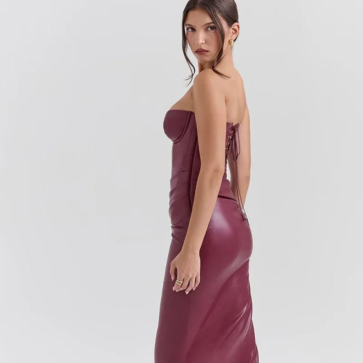 Sexy Woman Strapless Burgundy Slim Leather Long Dress Elegant Back Lace Up Side Slit Sleeveless Dresses 2025 Evening Party Robe