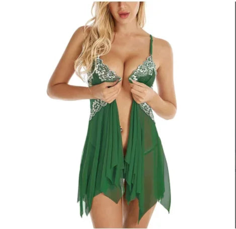 Erotic Clothes Sexy Women Sleepwear Hot Erotic Lingerie Women Front Closure Babydoll Lace Mesh Sleepwear Set Evening Dress