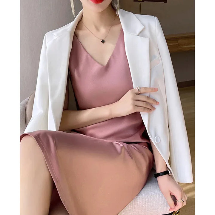 Spring/Summer Satin Dress V-neck, sleeveless, suit with a high-waisted maxi skirt