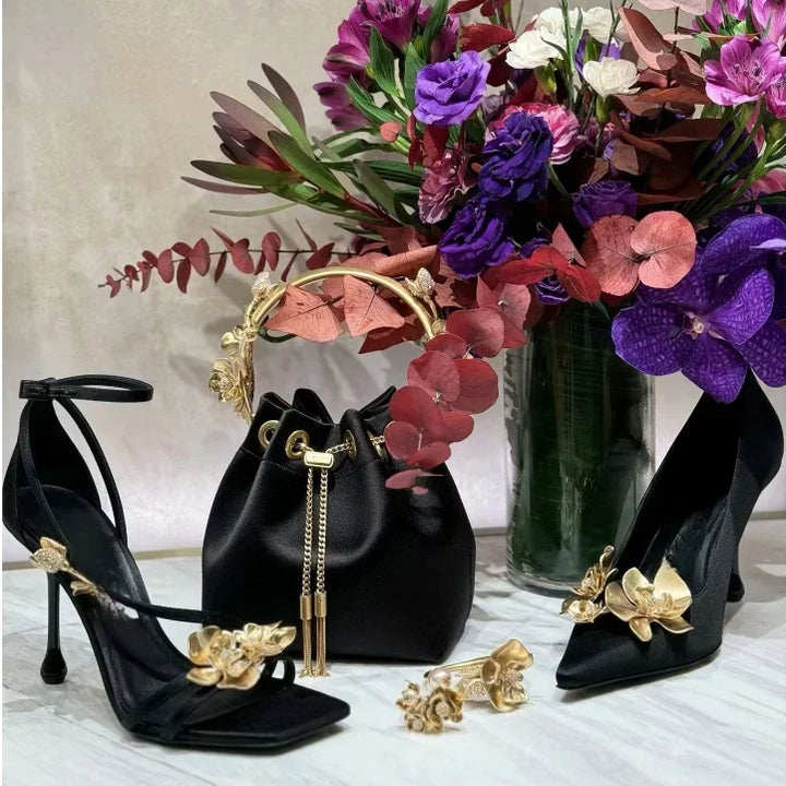 Golden Flowers Women Silk High Heels Luxury Designer Sandal Metallic Flower Square Toe Pointed Fine Heel Party Dress Shoes Pumps