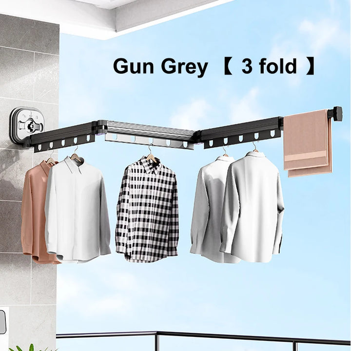 Suction Wall Mount Folding Clothes Drying Rack With Retractable Suction Cup Extension Pole Reusable 3-Fold Clothes Drying Rack