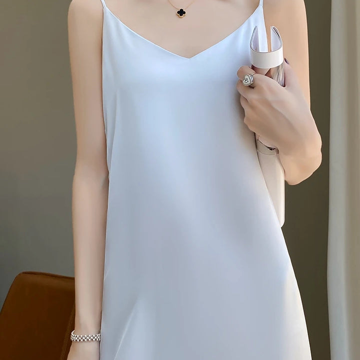 Silk High-Grade Dress New Spring/Summer Sleeveless V-Neck Dress Vest Slip Skirt Silk White With High-Grade Temperament RW D13