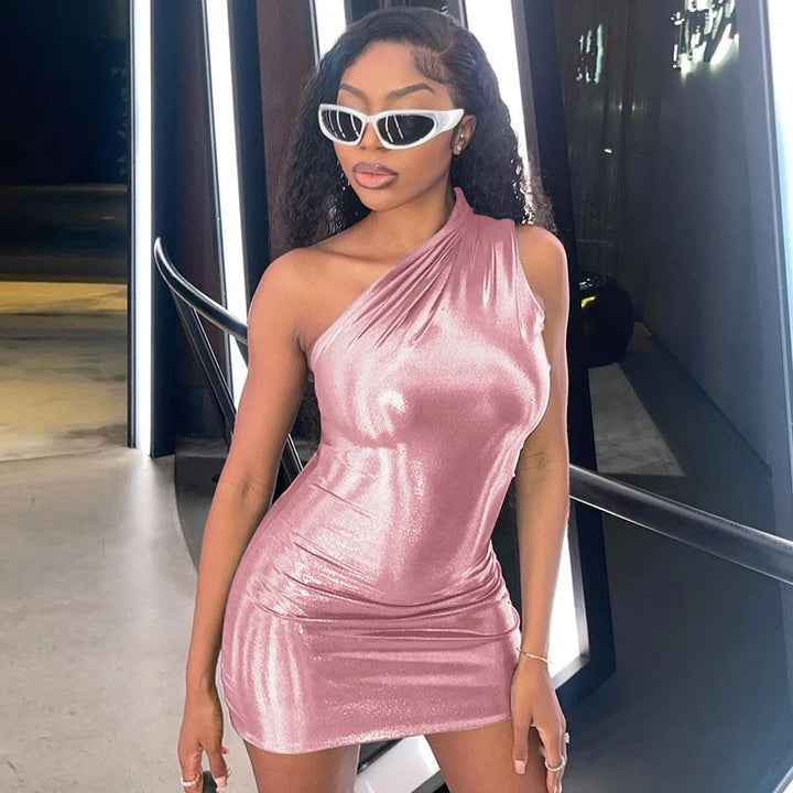 One Shoulder Metallic Mini Dress Night Club Black Bodycon Dress Sleeveless Tight Short Summer Dress Women 2023 Trendy