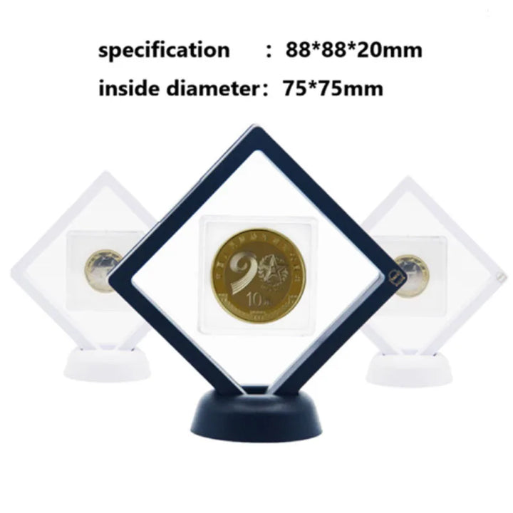 3D Coin Frame Black Display Exhibiting Floating Holder Plastic Square 2pcs Stand 90*90mm Box Case Collection Jewelry