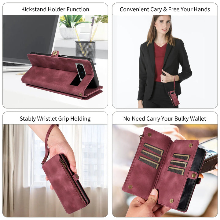 Luxury Handbag Zip Wallet Case for Google Pixel 8 Pro 8A 7 7A 6 6A 5 XL 5A 4 4A Leather Phone Bumper Magnetic Strap Flip Case