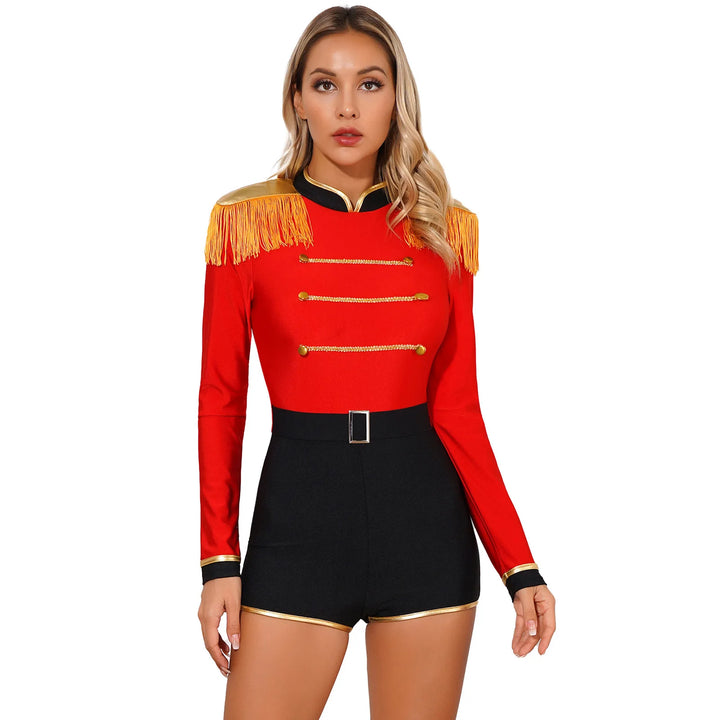 Womens Circus Ringmaster Jumpsuit Halloween Carnival Theme Party Role Play Costume Long Sleeve Velvet Fringed Cosplay Bodysuit