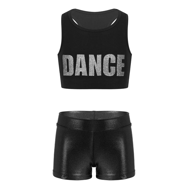 Kids Girls Stretchy Yoga Set Workout Tracksuit Sleeveless Racer Back Crop Top with Metallic Shorts Fashion Sports Dance Outfits