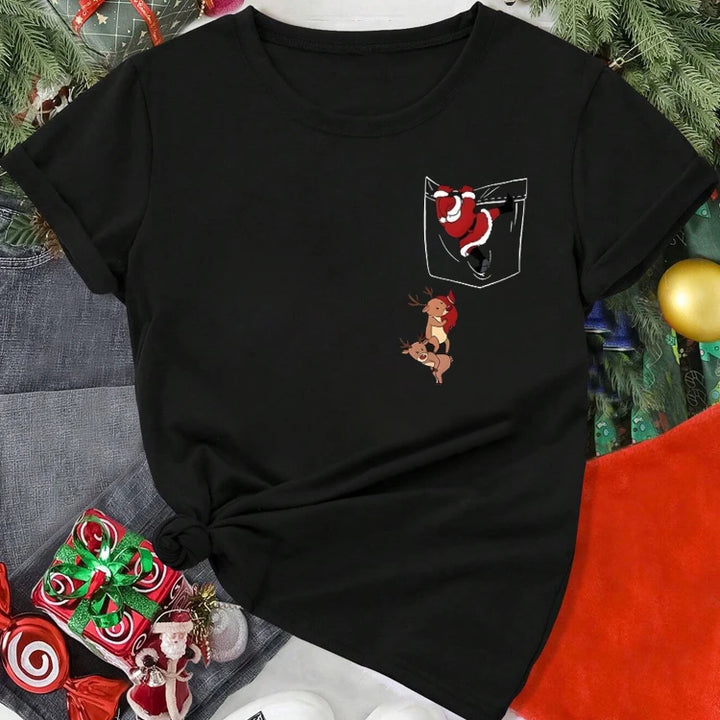 Women's Merry Christmas T Shirt Funny Santa Claus Reindeer Pocket Printed T Shirt Casual Female T-Shirt Suitable for All Season