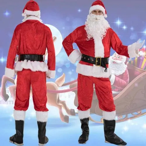 Deluxe Christmas Santa Claus Costume Set Red Zipper Coat with Pants Hat Belt Beard Shoes - Festive Holiday Outfit for