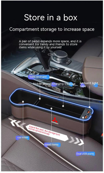 Car USB Charging Colour Light Seat Storage Case Seat Gap Box For Mitsubishi Outlander Pajero Asx Lancer EX Evolution X Ralliart