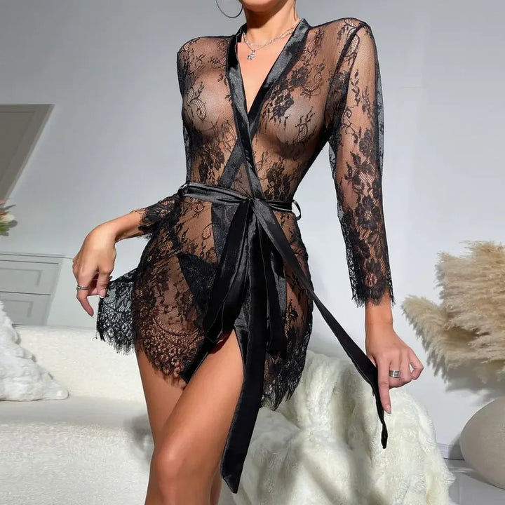 Toucheart Sexy Lingerie Sexy Nightgown For Women See-Through Lace Printing Deep V-Neck Home Ultrathin Lace Up Nightgown Set New