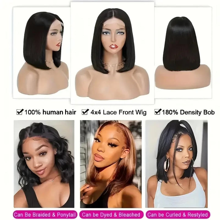 Bob Wig For Women Human Hair Wigs 180% Density Black Short Straight Bob Wig 4x4 Lace Wig 100% Remy Human Hair