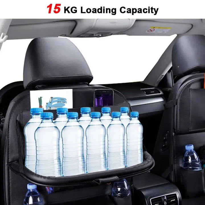 Car Seat Back Organizer with Foldable Table Tray PU Leather Storage Organizer with Pockets Kick Mats Seat Interior Accessories