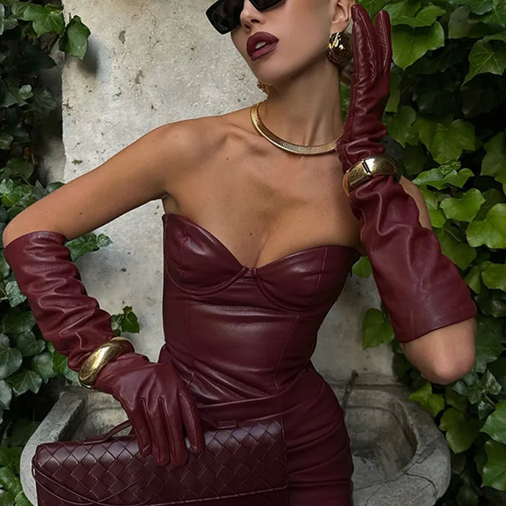 Women Burgundy Sexy Pu Leather Strapless Dress Fashion Backless Sleeveless Long Gown 2025 New Female Evening Party Prom Robe