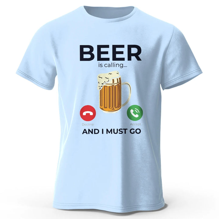 Beer Is Calling I Must Go Printed Men's T-Shirt 100% Cotton Oversized Funny Graphic Tees for Men Summer Tops