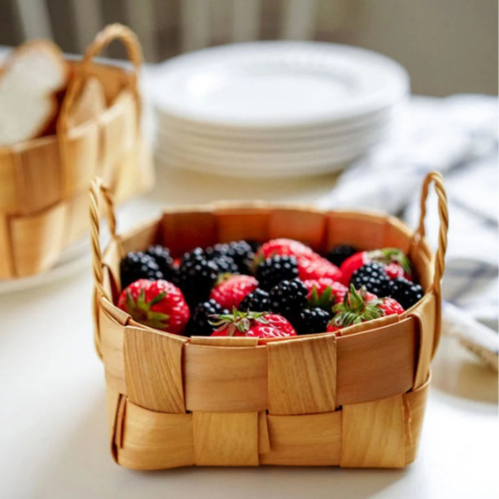 Woven Storage Basket with Handle Bread Basket Portable Picnic Food Fruit Storage Box Kitchen Organizer Decor Photography Props