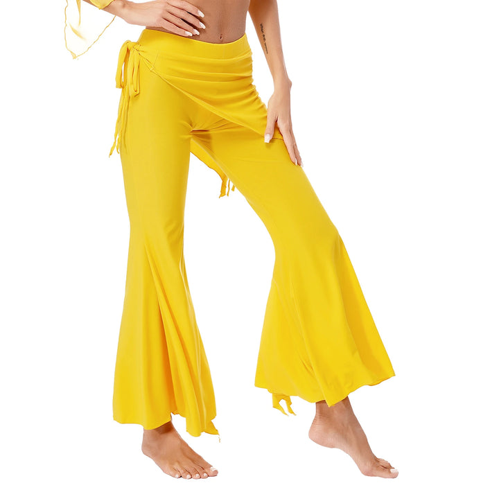 Womens Split Flared Belly Dance Pants Halloween Carnival Costume Solid Color Pants Lace-Up Skirted Pants