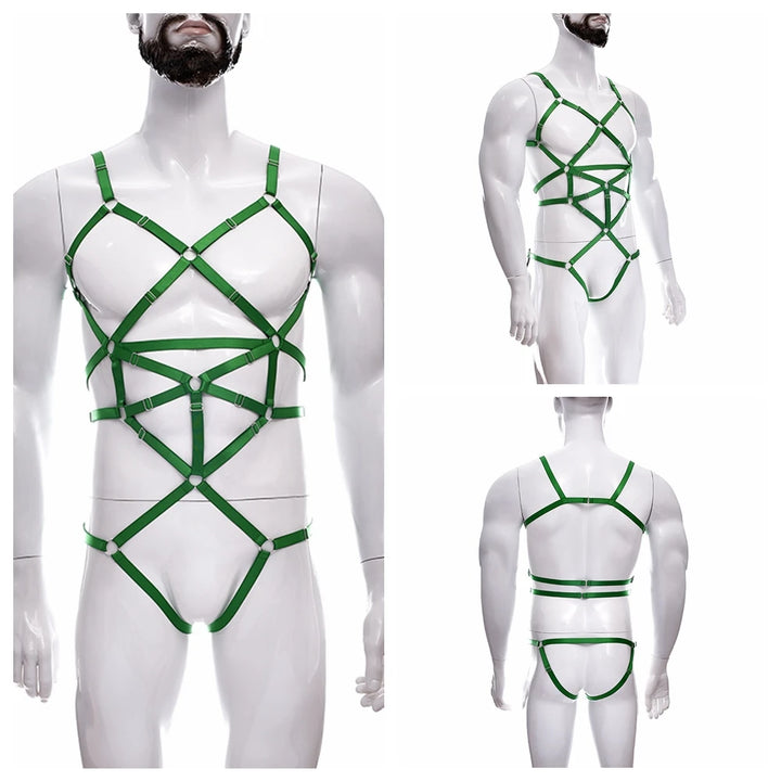 Male Full Body Harness Cage Adjust Set Mens Gay Hollow Elastic Bondage Harness Sexy Lingerie Fetish Nightclub Costume