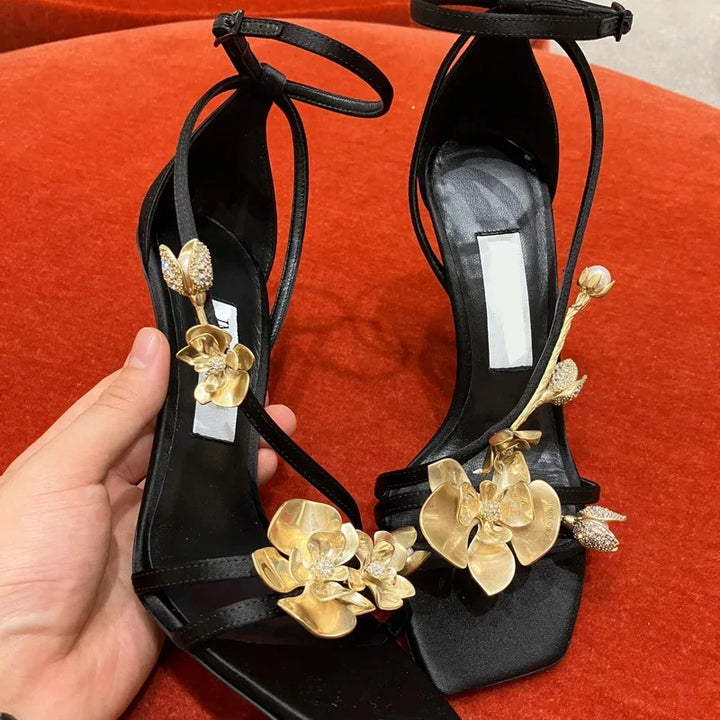 Golden Flowers Women Silk High Heels Luxury Designer Sandal Metallic Flower Square Toe Pointed Fine Heel Party Dress Shoes Pumps