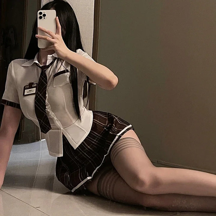 Women Sexy Lingerie Apron Maid Dress Cosplay Japanese Lolita Uniform Mini Skirt Tight Blouse Set Sex College Girl Cosplay Anime