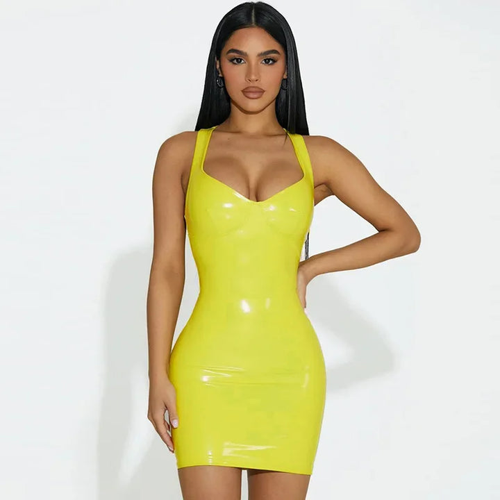 Sexy Womens Bodycon Yellow Mini Dresses Sleeveless Patent Leather Latex Tank Dresses Rave Party Night Club Costume