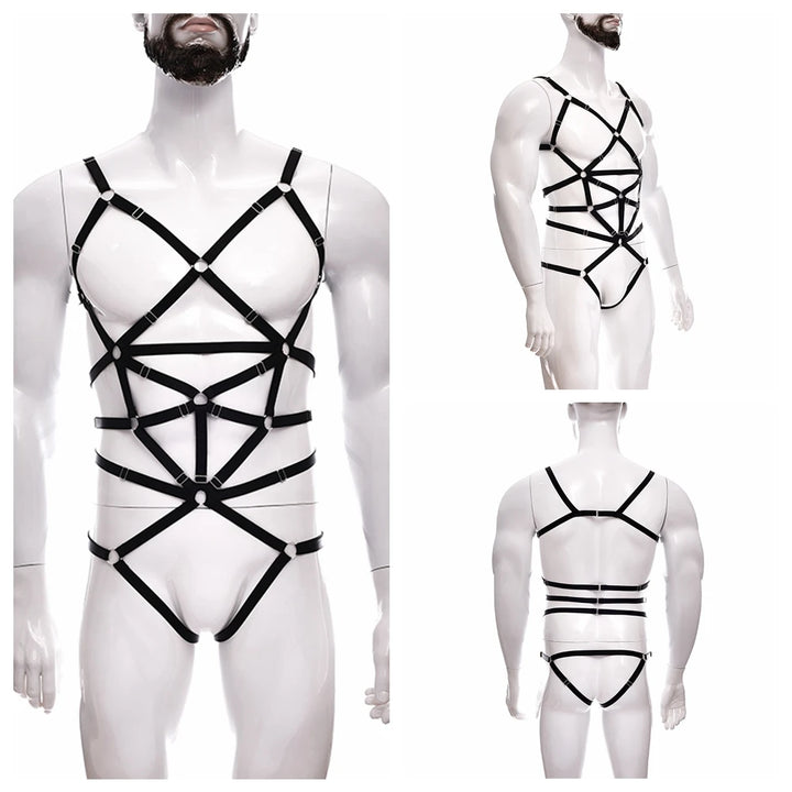 Male Full Body Harness Cage Adjust Set Mens Gay Hollow Elastic Bondage Harness Sexy Lingerie Fetish Nightclub Costume