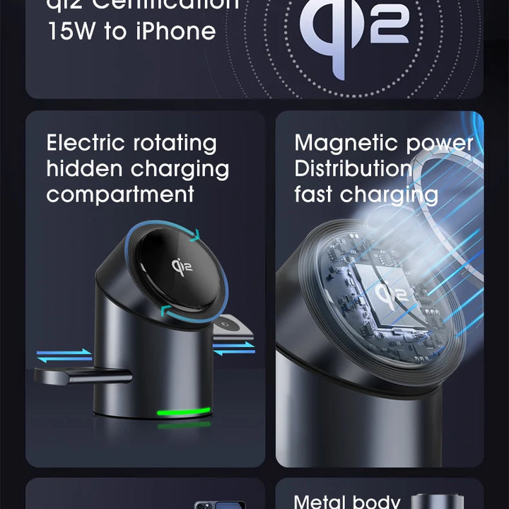 Qi2 3 in 1 Magnetic Wireless Charger Touch Roating for Iphone 16 15 14 Pro Max, Iwatch Earphone Fast Charging Base