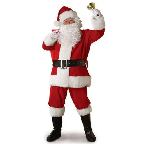 Deluxe Christmas Santa Claus Costume Set Red Zipper Coat with Pants Hat Belt Beard Shoes - Festive Holiday Outfit for