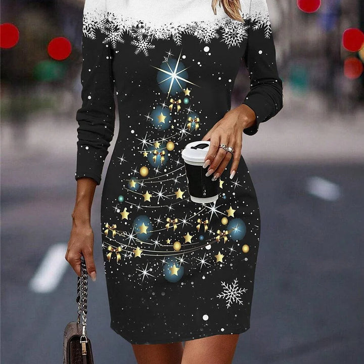 Round Neck Long-Sleeved Women's Party Dress Christmas Tree Snowflake Print A-Line Dress Winter Fashion Casual Loose Mini Dresses