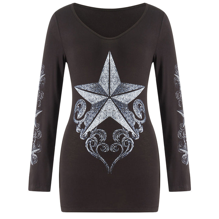 Women s Stylish  Fit Black Long Sleeve T-shirt with Unique Five-pointed Star Print and Deep V-neck Design Available in