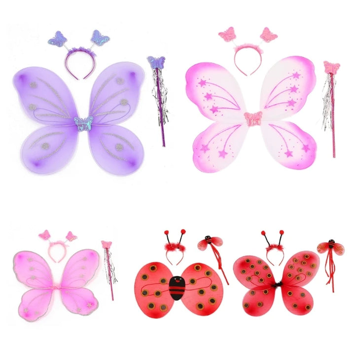 4Pcs/Set Kid Fairy Costume Set Ladybird Bee Glitter Cute Wing Striped Layered Tutu Skirt Wand Headband Dress Up Halloween Outfit