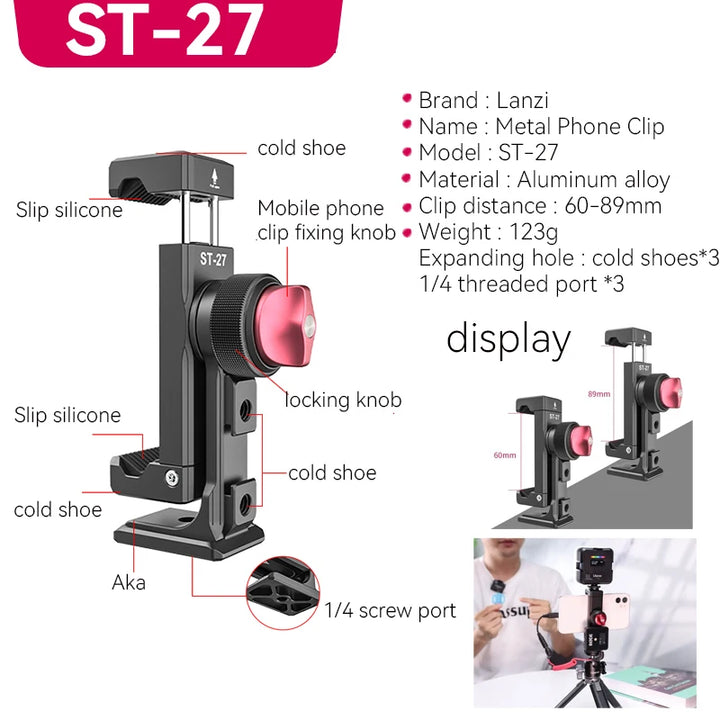 Ulanzi ST-27 Universal Metal Mobile Phone Clip With 1/4 Screw Cold Mount Flip Mirror For Bracket Selfie Tripod Stand Mount Clamp