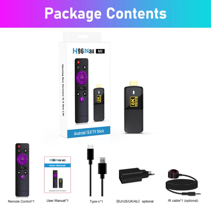 H96 MAX M3 Transpeed TV Stick Android13 RK3528 Quad Core ARM Cortex-A53 CPU WIFI6 BT5.0 8K UHD Output 1080P@60fps Smart TV Stick