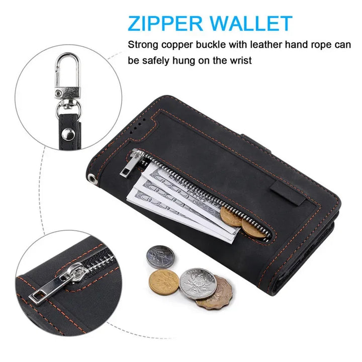 Zipper Wallet Case For Oneplus 12 11 11R 10T 10R 5G Multi 9-Card Slot Leather Flip Cover For One Plus 10 Pro 9 9R 8 8T 7 7T 6 6T