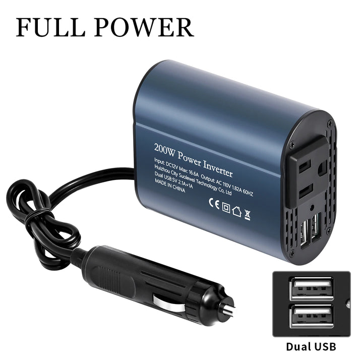 200W car inverter DC 12V to AC 110V US socket portable charger Solar dual usb interface