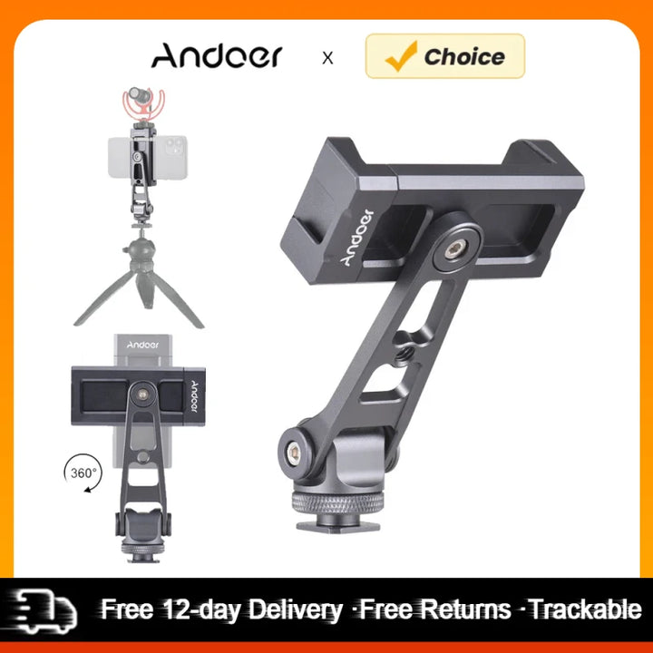 Andoer Phone Holder Clamp Phone Tripod Mount Aluminum Alloy 360° Rotatable with Dual Cold Shoe Mounts for Phone Vlog Selfie Live