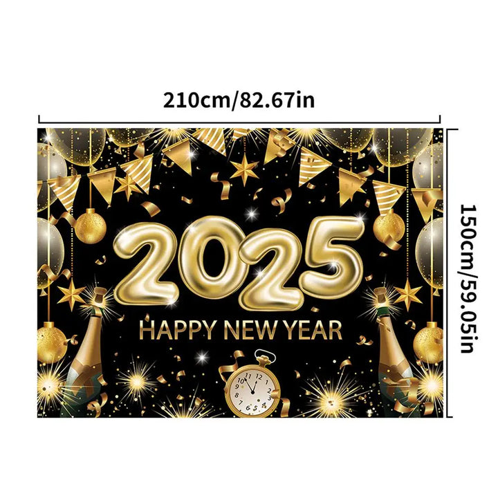 Happy New Year Banners 2025 6.88 X 4.92ft Black Gold New Years Eve Banner Happy New Year Decorations Holiday Wall Display For