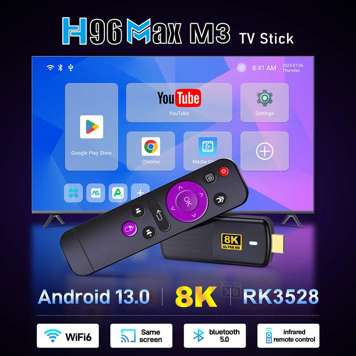 H96 MAX M3 Transpeed TV Stick Android13 RK3528 Quad Core ARM Cortex-A53 CPU WIFI6 BT5.0 8K UHD Output 1080P@60fps Smart TV Stick