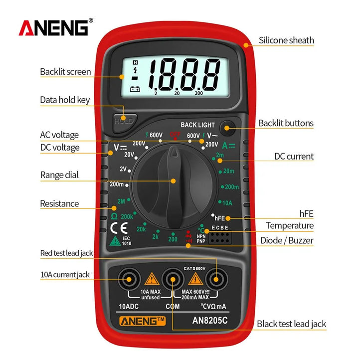 ANENG AN8205C Digital Tester AC/DC Ammeter Multimeter Volt Ohm Multimetro Meter With Thermocouple LCD Backlight Portable Tools