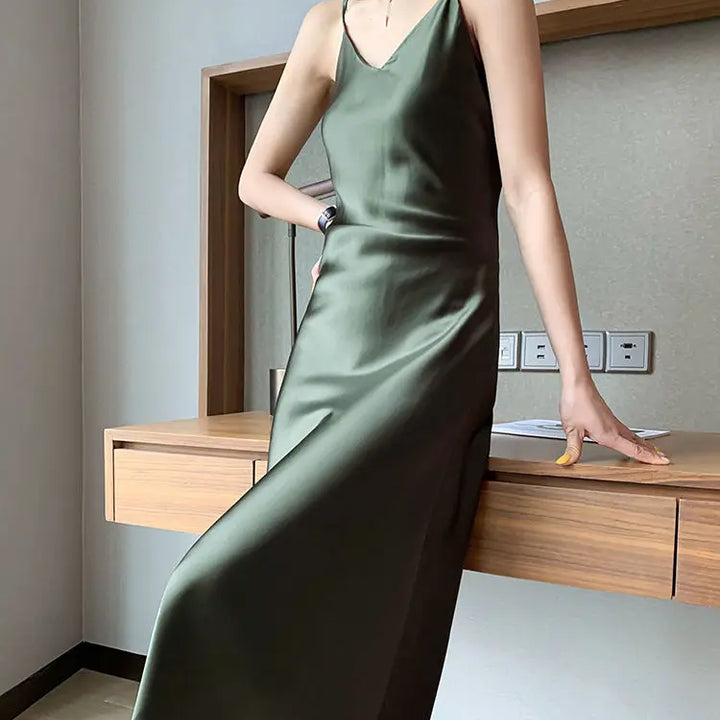 2022 Elegant Women Dress Summer Sexy V-Neck Korean Satin Party Long Spaghetti Strap Dresses Casual Sundress Vestido Mujer