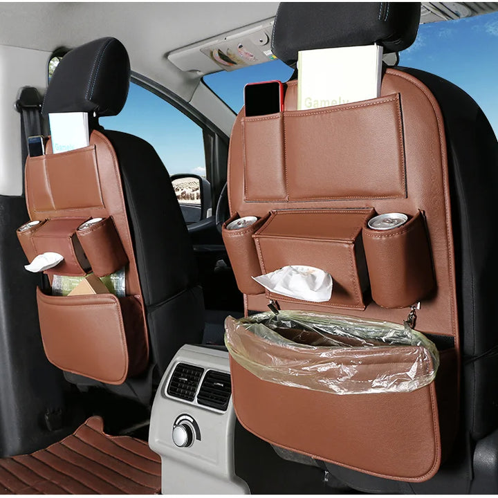 Leather Car Backseat Organizer Rear Row Children's Seat Back Hanging Storage Bag Shelf Garbage Can Trash Tissue Bottle Organiser